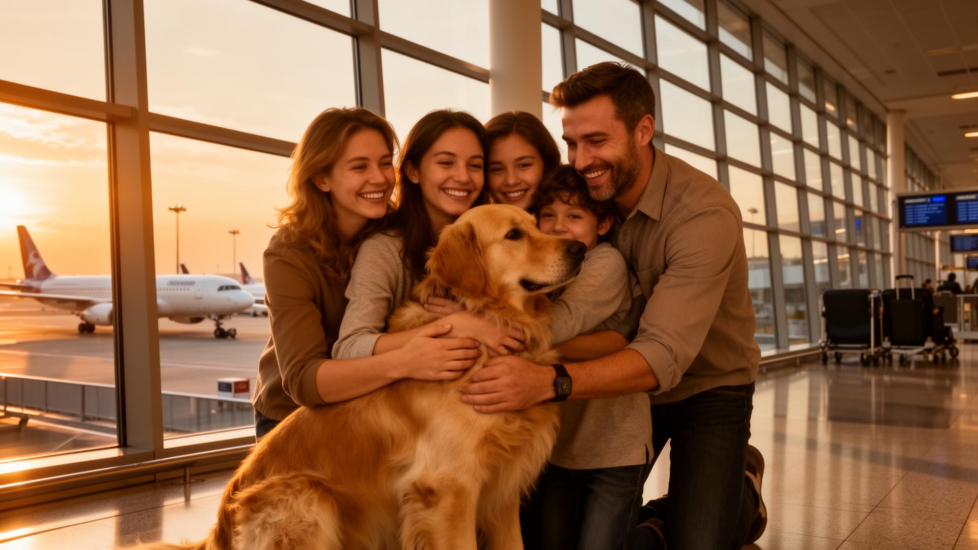 Familia abrazando a su perro en el aeropuerto internacional